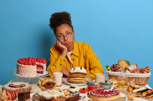 Jovem rodeada de comidas ricas em açúcar